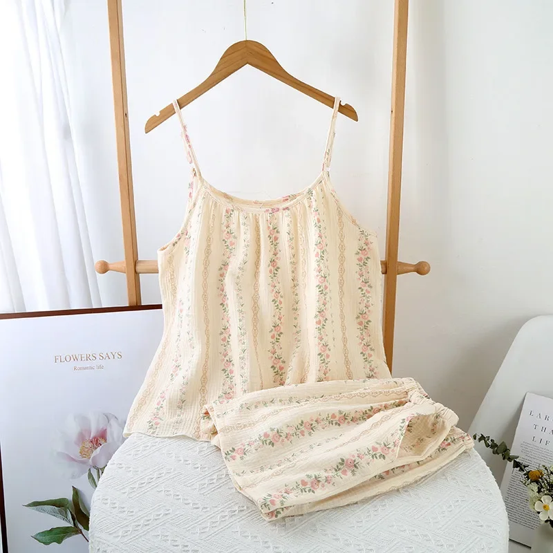 

100% Cotton Women's Pajama Set Woman 2 Pieces Spaghetti Strap Sleepwear Women Floral Print Pajama Strap