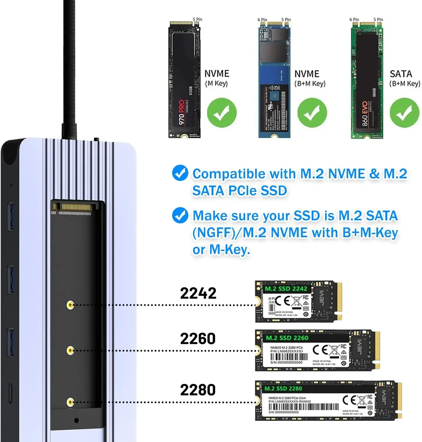 12-in-1 USB-C Hub with M.2 NVMe/SATA SSD Enclosure, Support Type-C HDMI 4K60Hz SD TF Card PD 100W 1000M Ethernet For Mac iPad