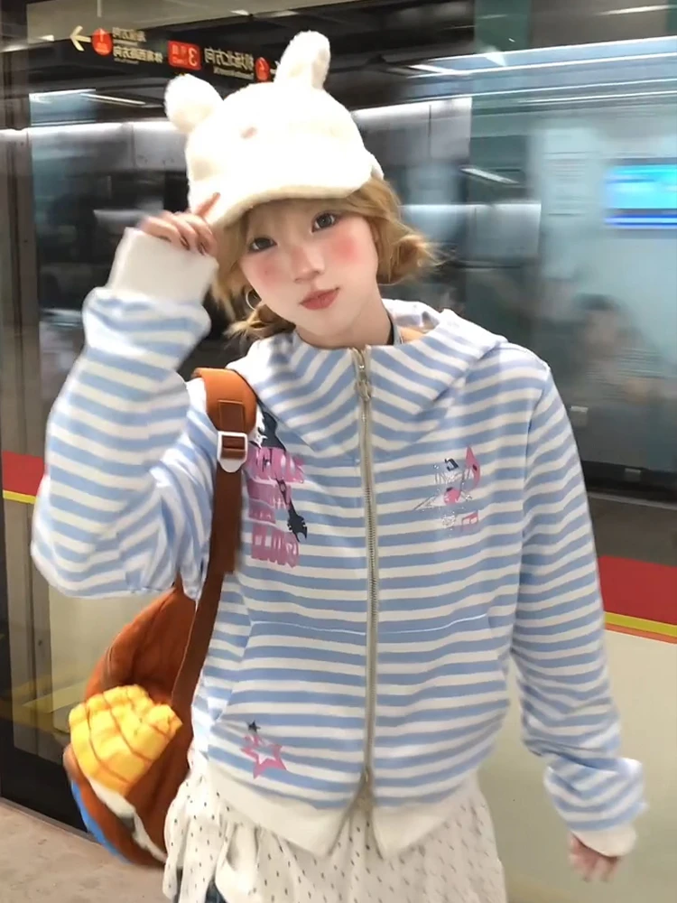 Sweat à capuche rayé américain Y2K pour femme, Cardigan amincissant, doux et épicé, pour fille, nouvelle collection printemps automne