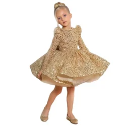 Golden luxurious Girl Party Dresses Elegant Fluffy Girl Princess Dress Children Layer Lush Birthday Wedding Evening Dress 1y-14y