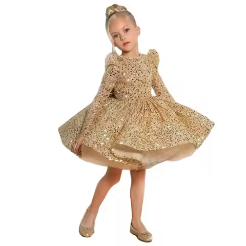 Golden luxurious Girl Party Dresses Elegant Fluffy Girl Princess Dress Children Lush Birthday Wedding Evening Dress Customized