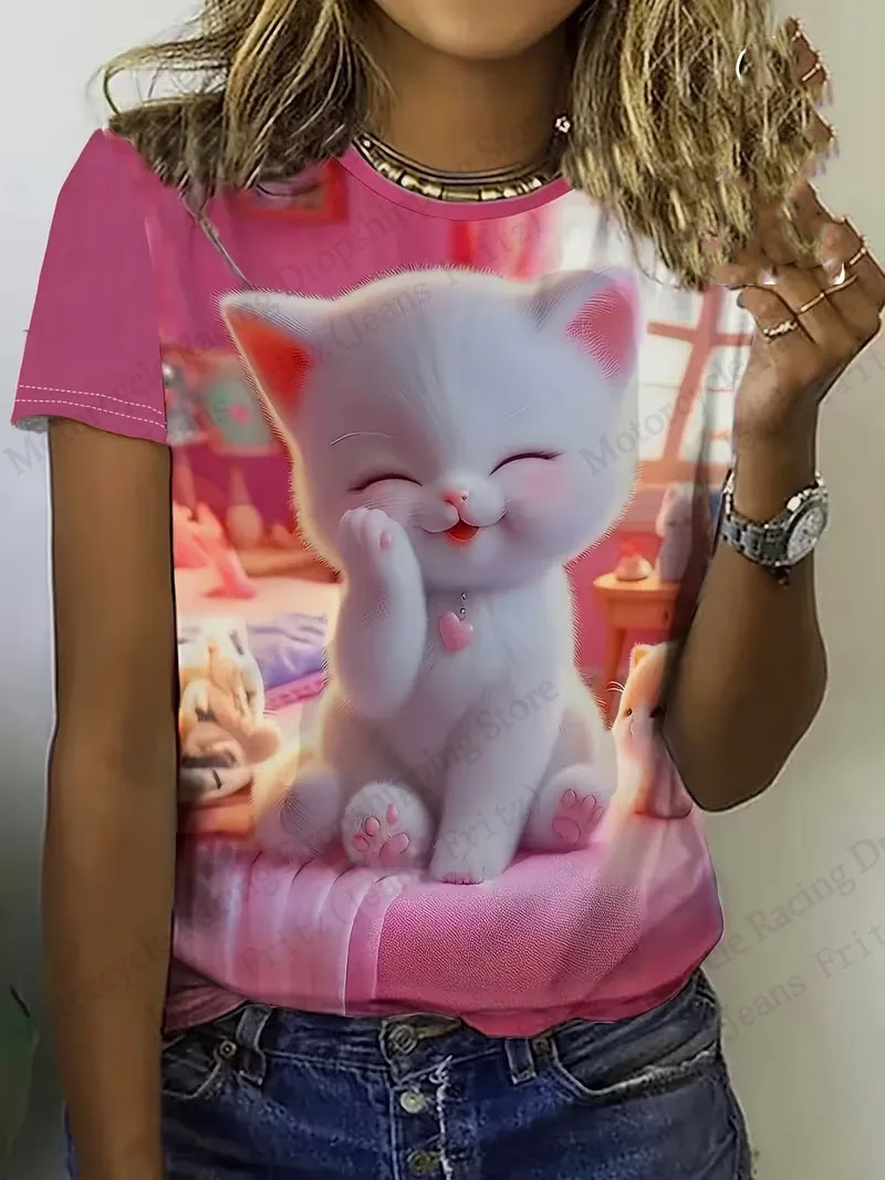 جديد الكرتون لطيف القط ثلاثية الأبعاد تي شيرت مطبوع المرأة موضة عادية المتضخم قصيرة الأكمام التي شيرت الحيوان هريرة بلايز تيز الملابس النسائية #6