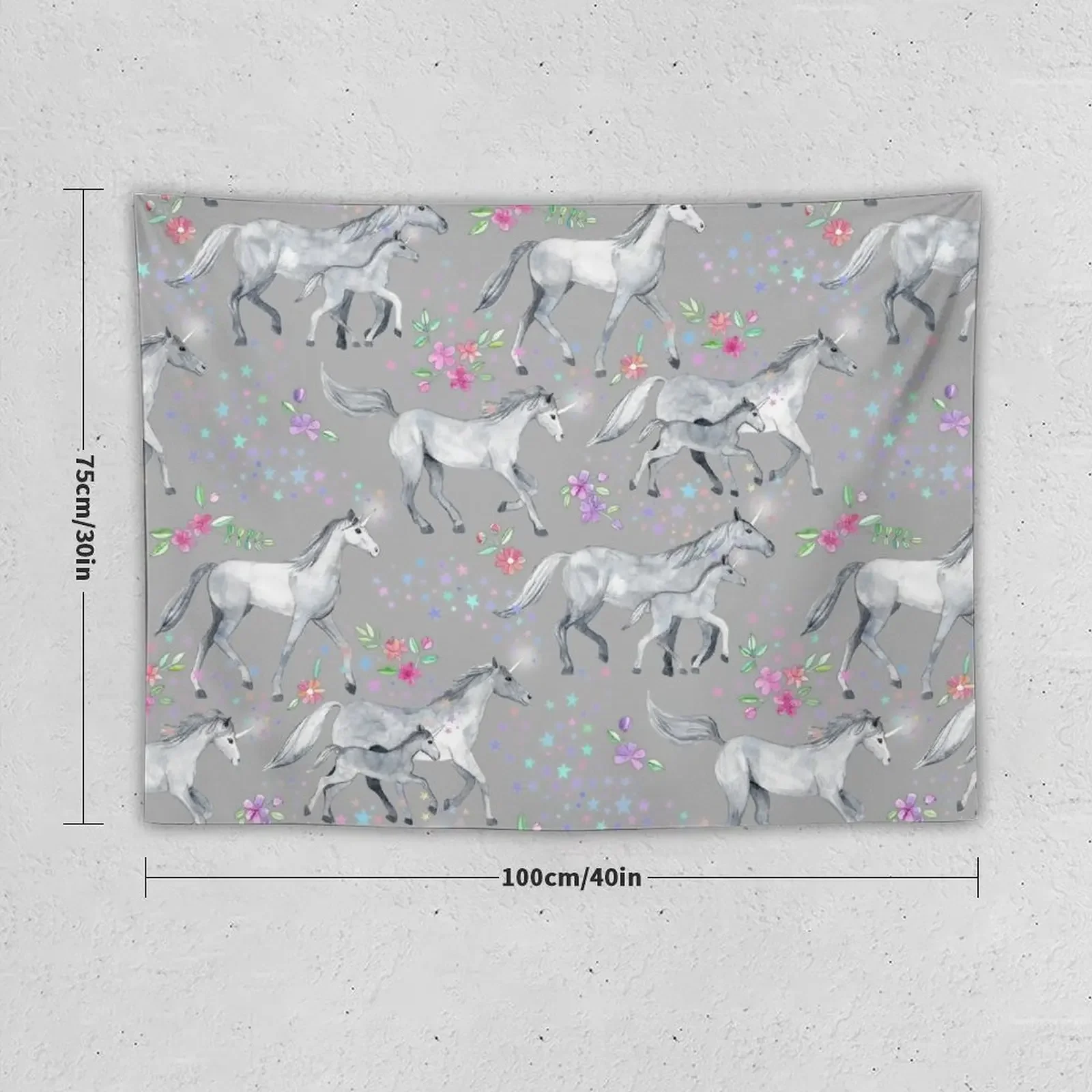 Unicorns and Stars on Soft Grey Tapestry Room Decor Korean Style Aesthetic Home Decor Tapestry