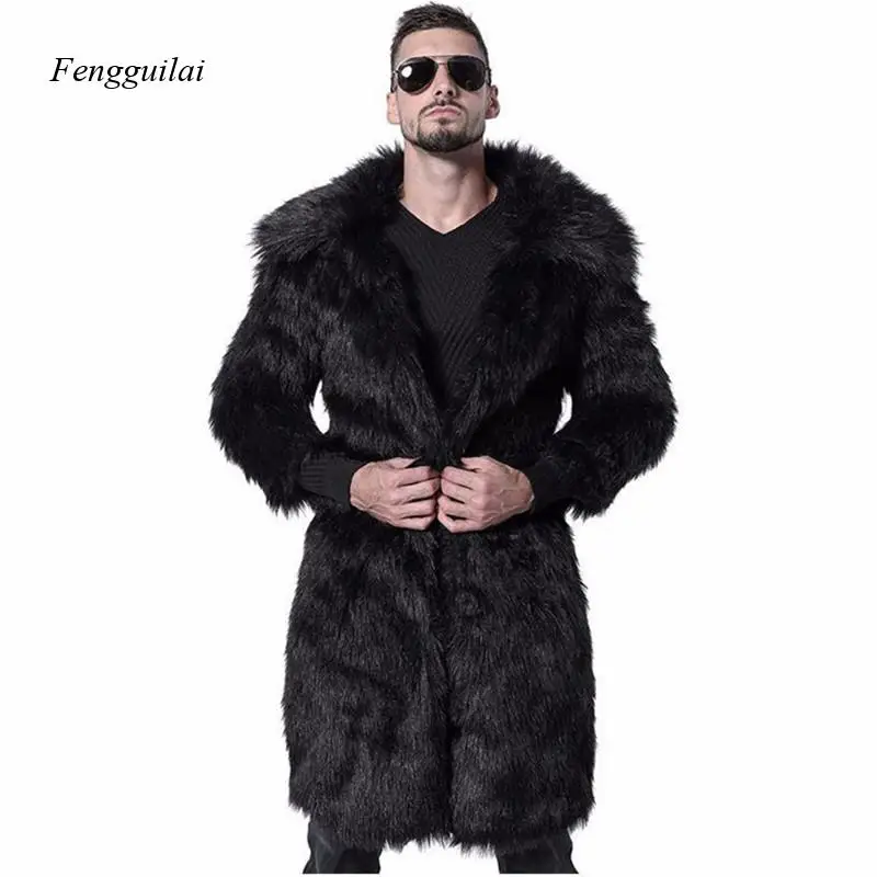 Men's Luxury Black Faux Fur Long Coat Thick Warm Overcoat with Large Fur Collar for Winter