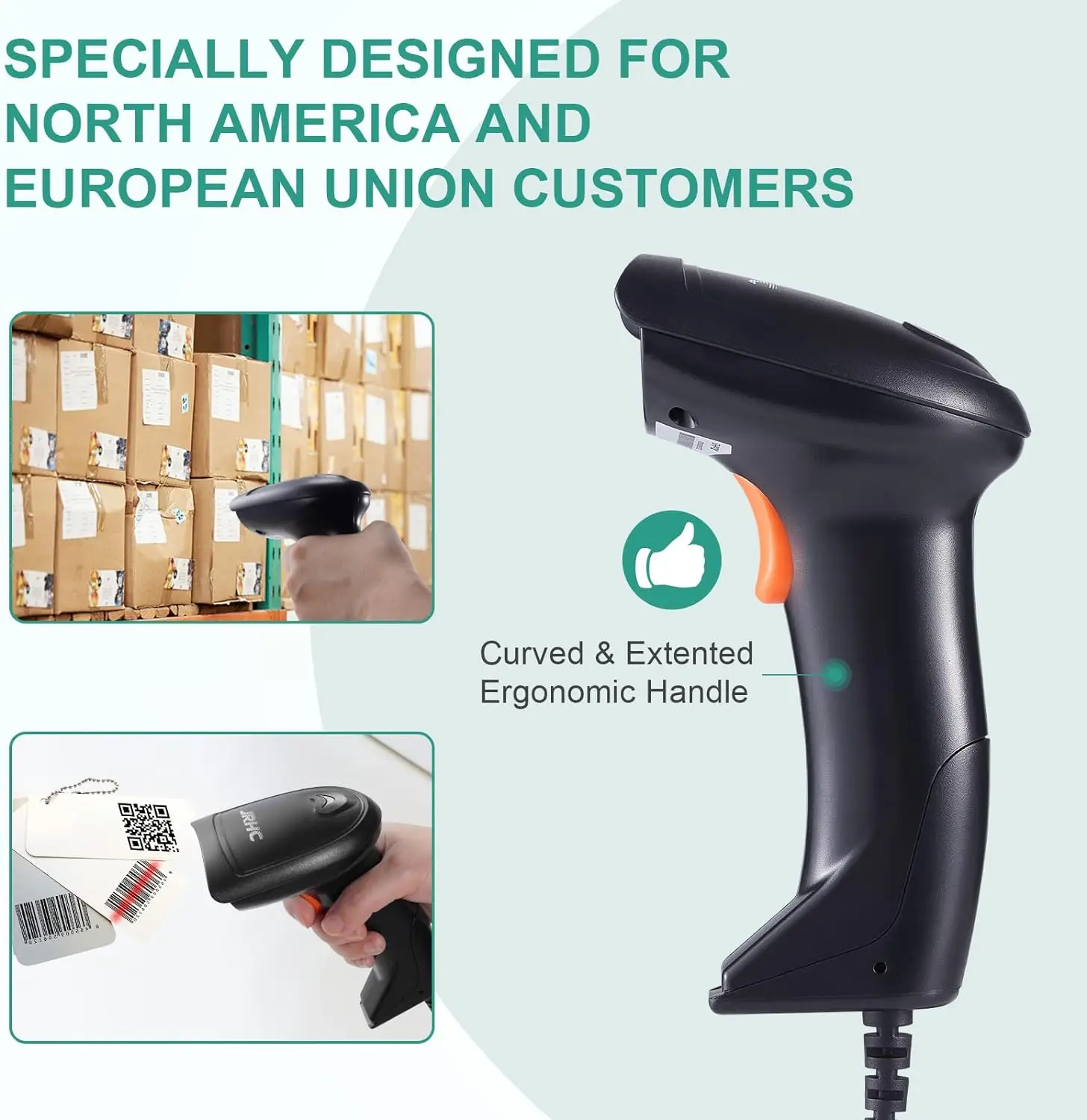 JRHC Handheld Barcode Scanner, 1D USB Laser, Leitores de Código de Barras, Ferramentas de Digitalização, Dispositivos para Loja, Supermercado, Biblioteca, Armazém