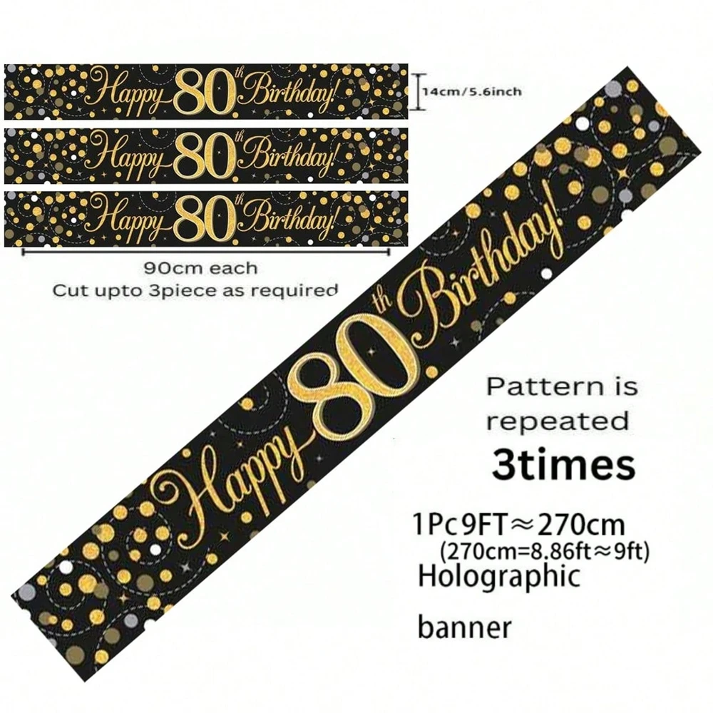 Schwarz-Gold Happy Birthday Banner, 9 Fuß Zuschneidbar mit Glitzerpunkten-Design für 18., 21., 30., 40., 50., 60. Party-Dekoration – Detail 5