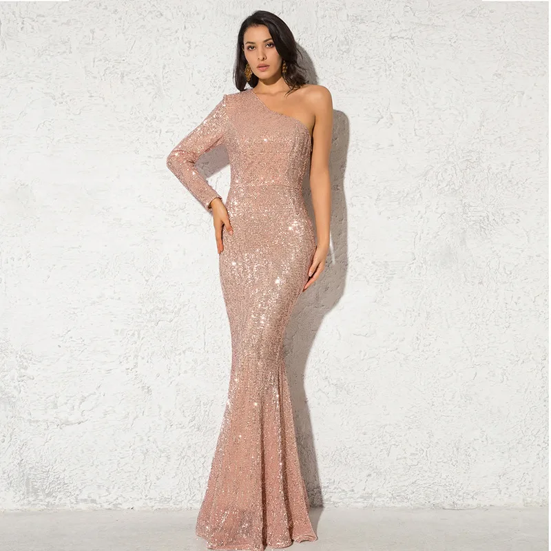 

Large size evening gown sequined one shoulder backless mermaid long banquet gown