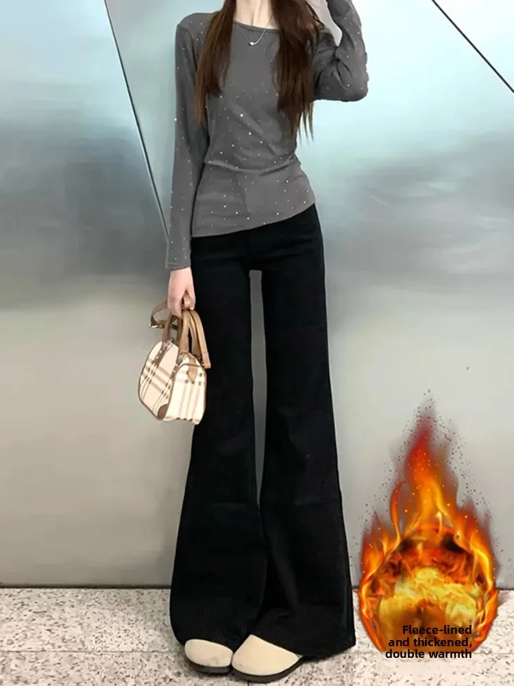 

plus Size Fleece Lined Thick Denim Pants Women's Autumn Winter New Style Flared Pants High Waist Slimming Non-Matching Leggings