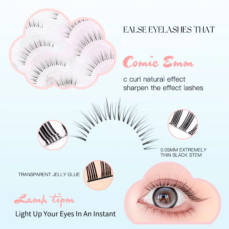 5 pares de cílios postiços finos macios cluster cílios naturais grossos mangá com faixa clara estilo coreano anime maquiagem