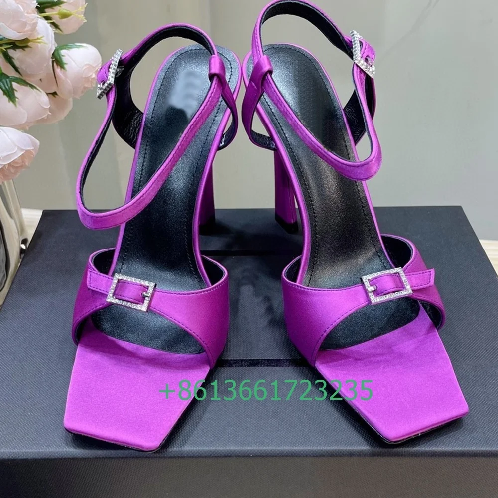 2025 Women New Style Sandals Square Toe Stiletto Heel Shoes Square Buckle Crystal Bling Bling Sandals Summer Shiny Sexy Pumps