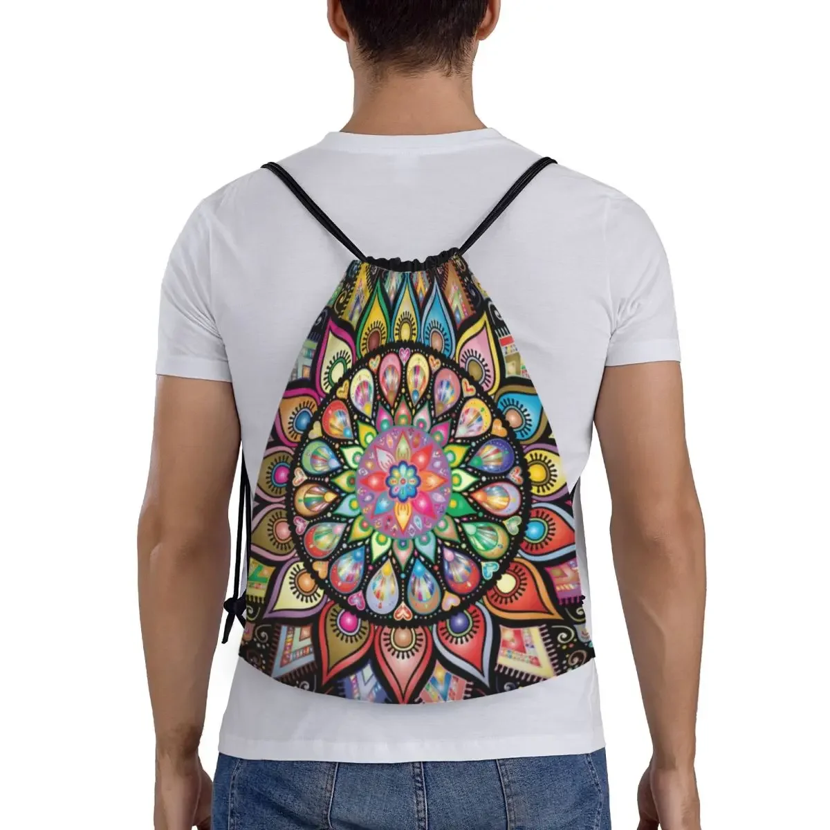 Custom Colorful Lotus Mandala Drawstring Bags Men Women Lightweight Buddhism Flower Sports Gym Storage Backpack