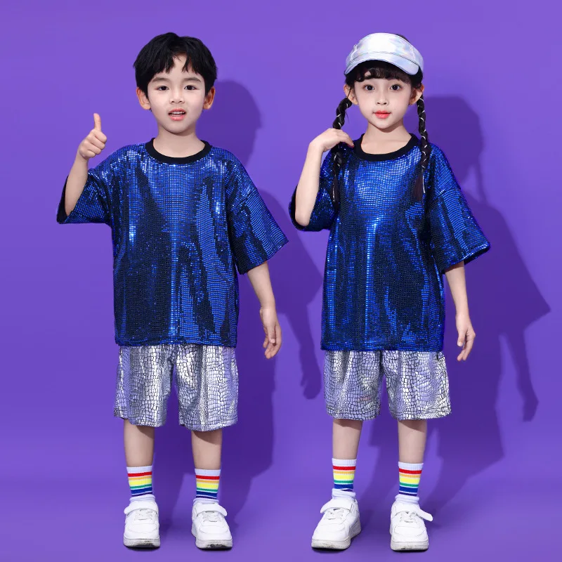 Hip Hop Boys Sequin Silver T-shirt Shorts Girls Streetwear Kids Street Dance Loose Tee Clothes Sets Children Jazz Stage Costumes