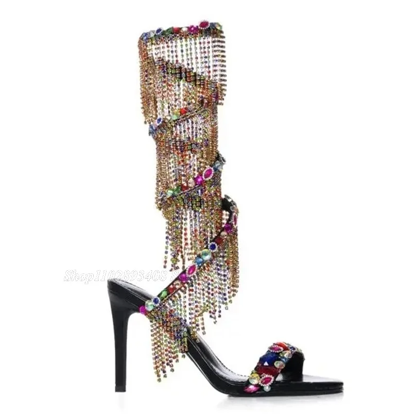 

Tassel Style Crystal Decor Twine Sandals Open Toe Stiletto Heels Summer Party Dress Women Sexy Shoes 2024 Zapatos Para Mujere