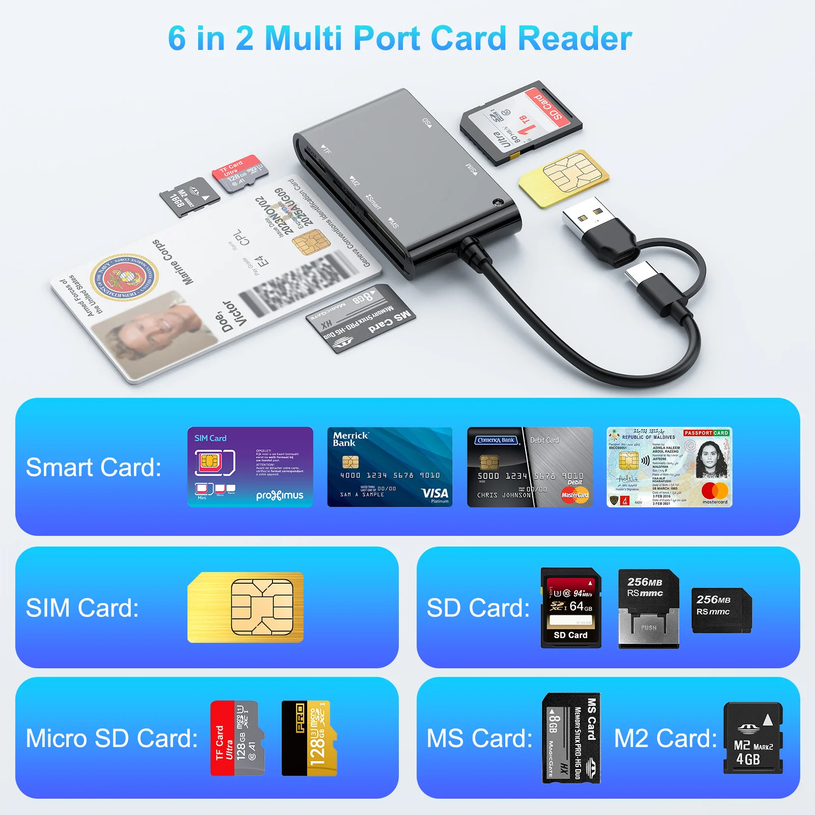 6 IN 1 스마트 다기능 카드 리더기 USB/타입 C에서 스마트/MS/M2/TF/SIM/SD 메모리 카드 은행 카드 리더기로 PC 노트북 전송용