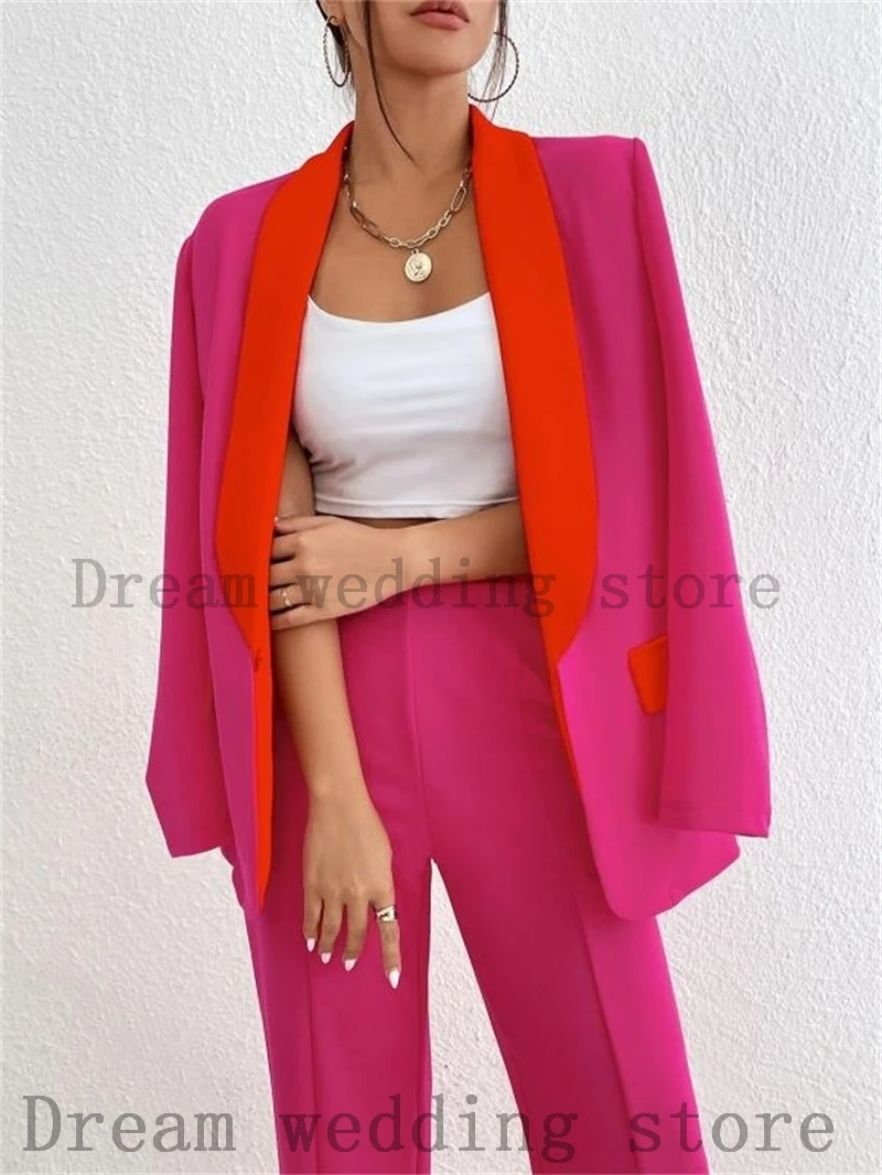 Hot Pink Women Pants Suits Set 2 Pcs Blazer Stitching Color Custom Made Jacket Formal Office Lady Prom Dress Женский костюм