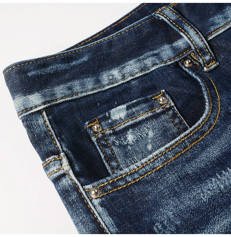 Herren Jeans mit Löchern und Patchwork-Design, Streetwear, dunkelblau, Stretch-Hose, bemalte Skinny Tapered Hose – Detail 6