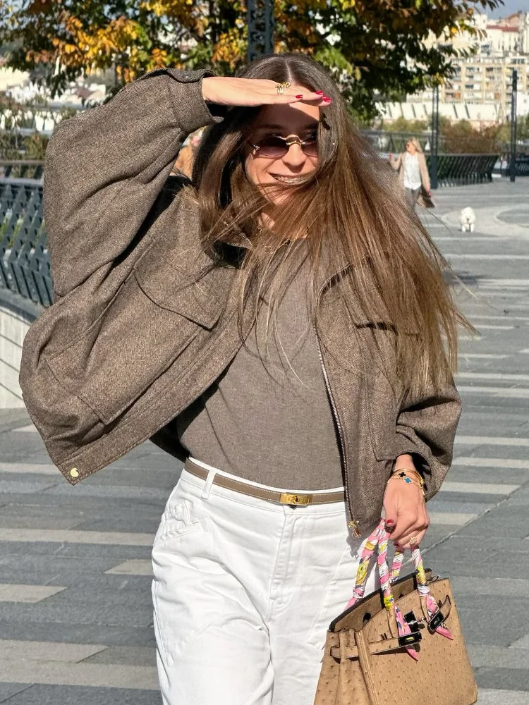 Women Brown Solid Lapel Bomber Jacket Long Sleeve Zipper With Pockets Loose Casual Flight Jackets Streetwear Autumn Outerwear