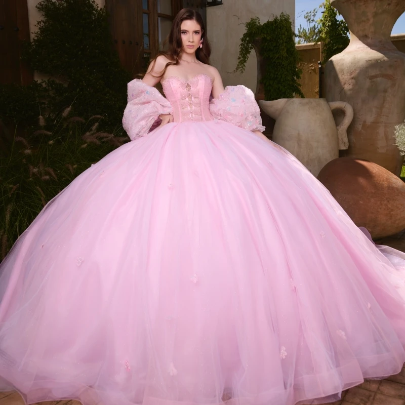 

Pink Shiny Quinceanera Dresses Off The Shoulder Flower Bow Beading Crystal Tull Party Birthday Sweet 16 Dress Vestidos De 15