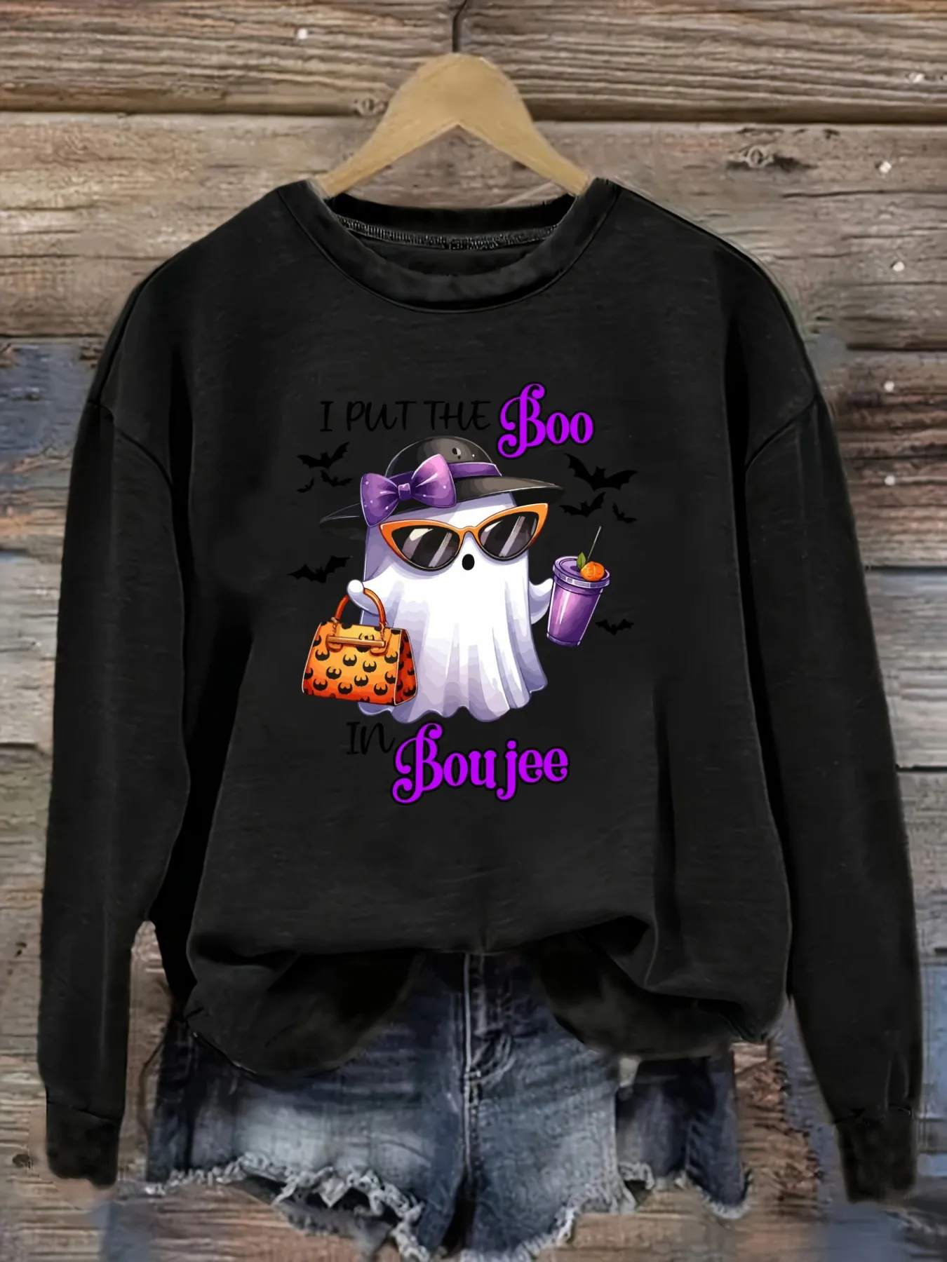 Women's Casual Long Sleeve Crew Neck T-Shirt I Put The Boo In Boujee Design, Round Neck Women's Clothing, Machine Washable, Slightly Elastic, Loose Fit, Spring Autumn Winter Women's T-Shirt, Halloween Costume Outfit