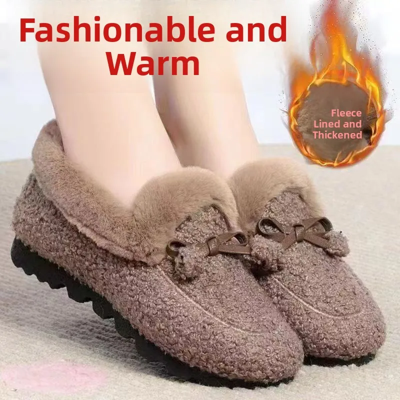 Women's Cotton Shoes with Fleece Autumn Winter Casual Anti-slip Warmth Flat Bottom Slip-on Fluffy Bean Bean Shoes Student