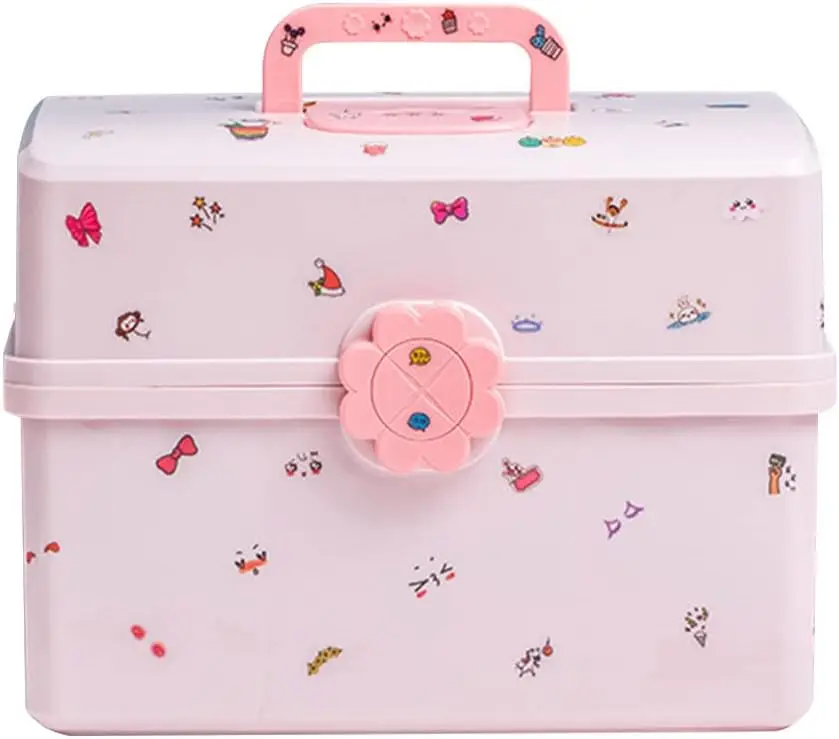 

3-Layer Plastic Hair Accessories Organizer Box with Fold Tray, Portable Lockable Container for Art Supply, Makeup, Nail