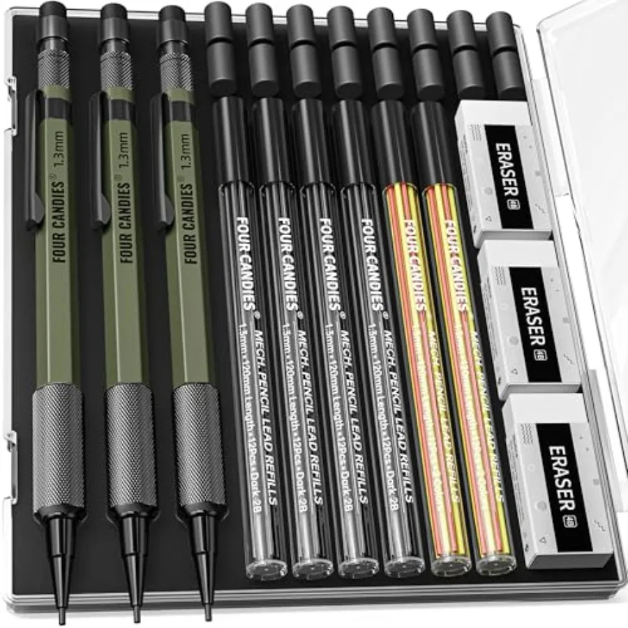 

1.3mm Mechanical Pencil Set with 72 Lead Refill, 3PCS Metal Weatherproof Body Heavy Duty Carpenter Pencil, 3 Eraser, 16 Eraser
