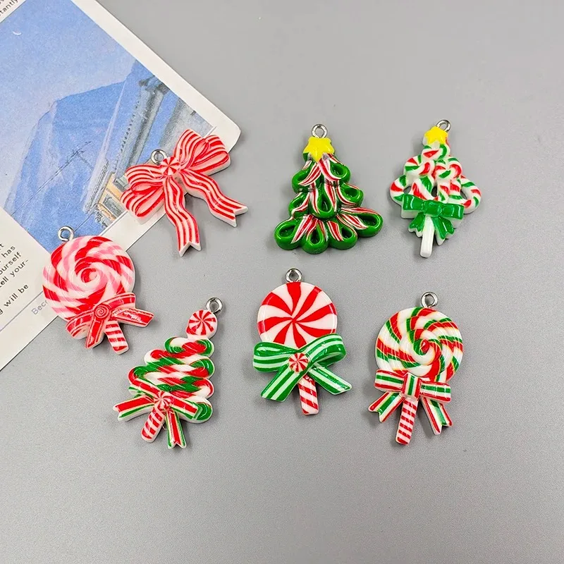 10Pcs Resin Christmas Candy Cane Tree Charms Pendants DIY Handmade Craft Jewelry Accessories for Necklaces Earrings