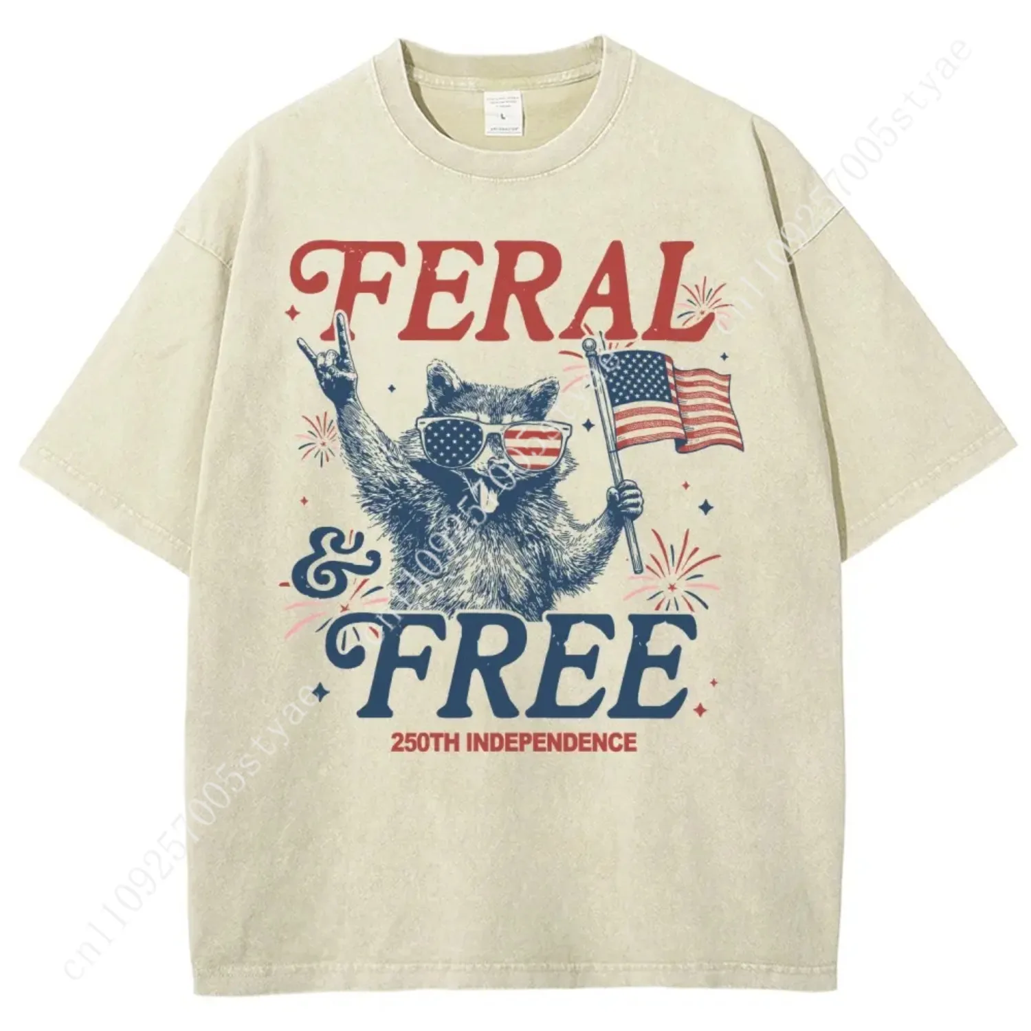 Firework Feral & Free Raccoon 4th Of July T-Shirt, Vintage Washed Heavyweight Stone Wash Oversized Tee, Funny Patriotic Feral Sh