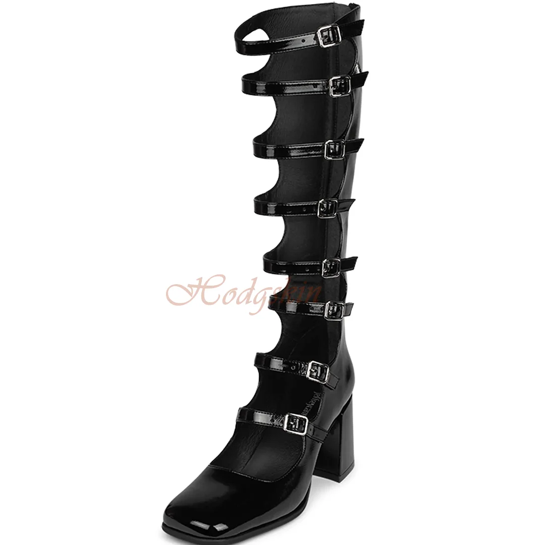 Sandali con fibbie in pelle verniciata punta quadrata tacchi alti grossi cinturini vuoti solidi sandali alti al ginocchio scarpe Sexy da donna