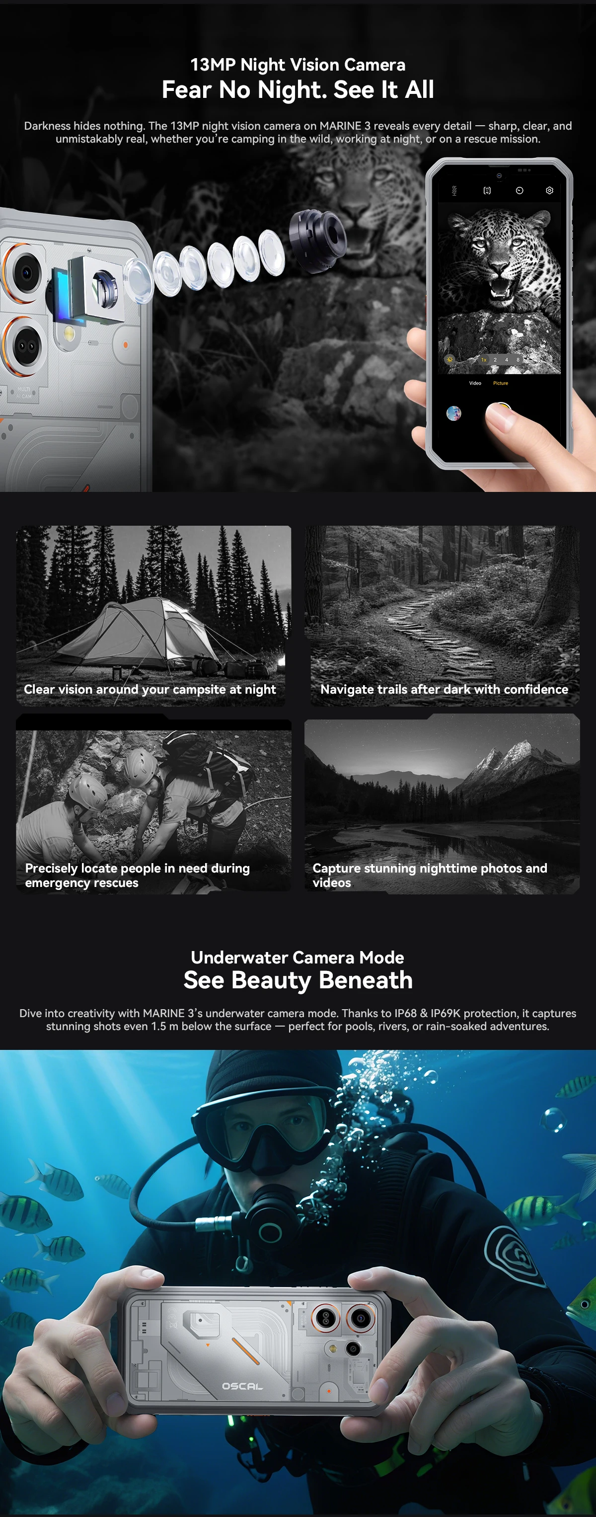 Global version Blackview OSCAL Marine 3 Rugged Smartphone Android 16 6.56" HD+IPS Display 24GB(8GB+16GB)+256GB NFC Mobile Phone