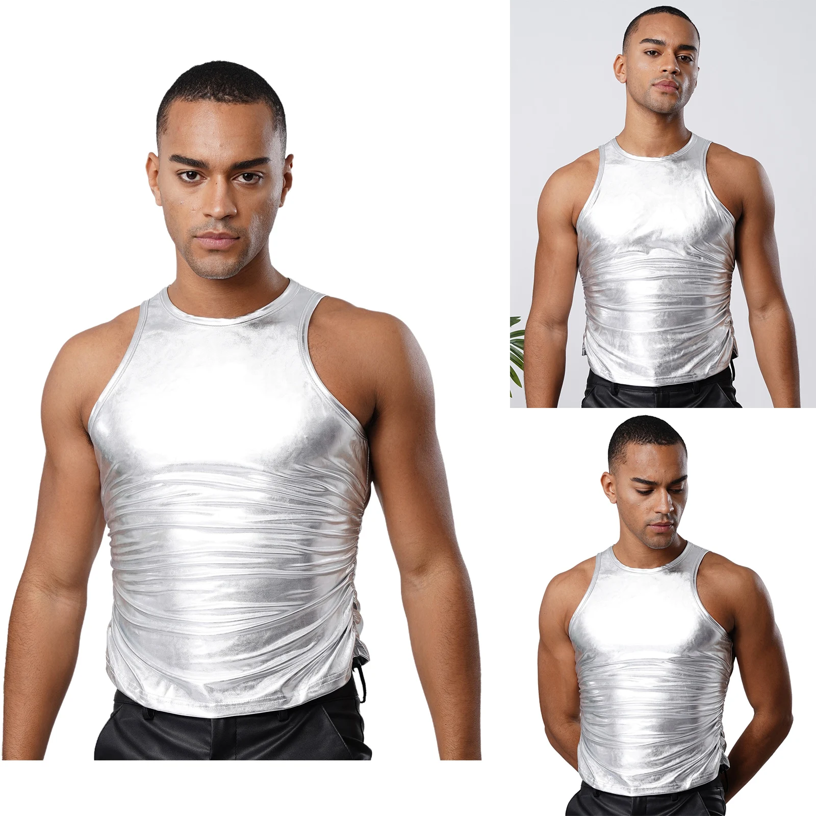 

Men Glossy Metallic Shiny Slim-fit Tank Tops Party Dance Costume Round Neck Sleeveless Ruched Skinny Vest Fashion Bar Club Wear