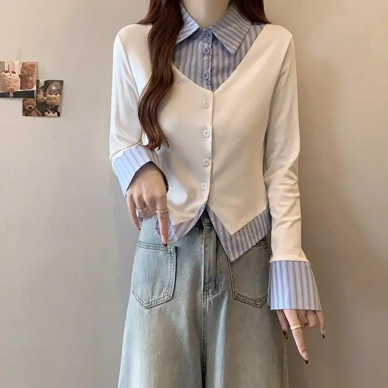 Women’s Striped Cropped Shirt Fake Two Piece Polo Collar Spliced Design Youthful Elegant Style Spring 2026 Office Casual Blouse