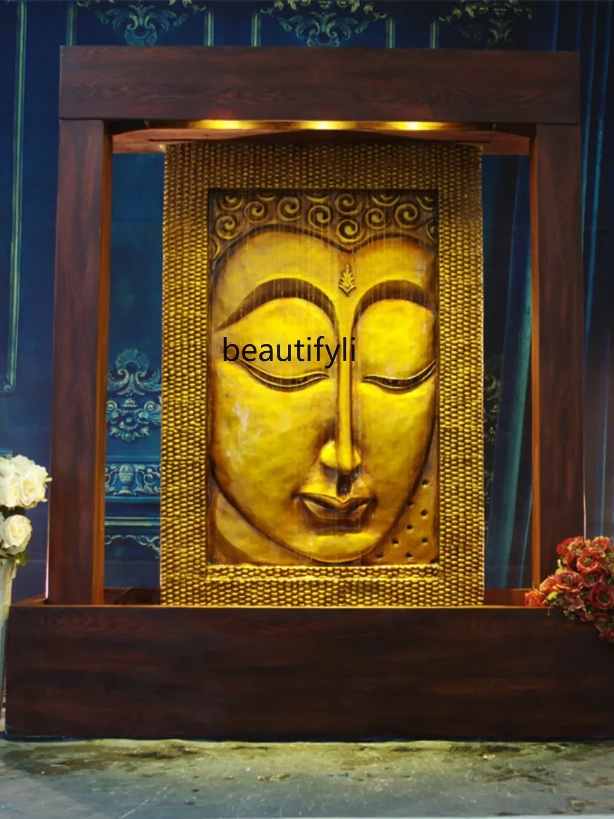 pgLarge Water Curtain Wall Water Circulating Water Golden Fontana Maggiore Buddha Ornament