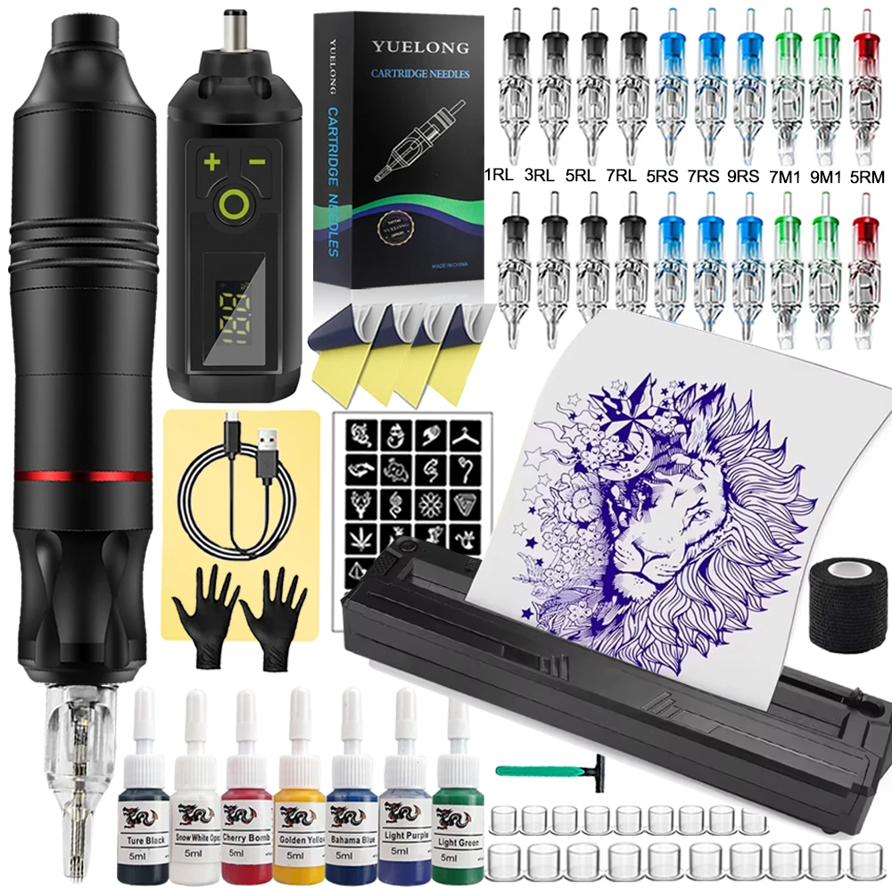 Wireless Tattoo Kit Rotary Tattoo Pen Machine Cartridge Needles Ink With Wireless Tattoo Printer Set Permanent Makeup Tattoo Kit