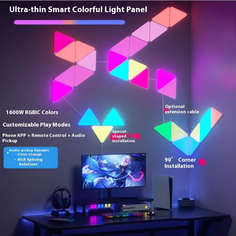 Ultra-Thin Smart LED Music Rhythm Light Panel - Triangular Modular Wall Lamp for Gaming Room RGB Ambiance, Bedroom Night Light