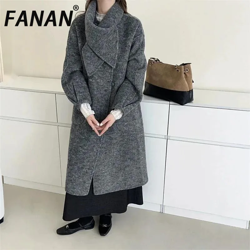 

FANAN Detachable Button Scarf Women's Double-faced Woolen Coat Round Neck Drop Shoulder Autumn Winter Long Overcoat Warm