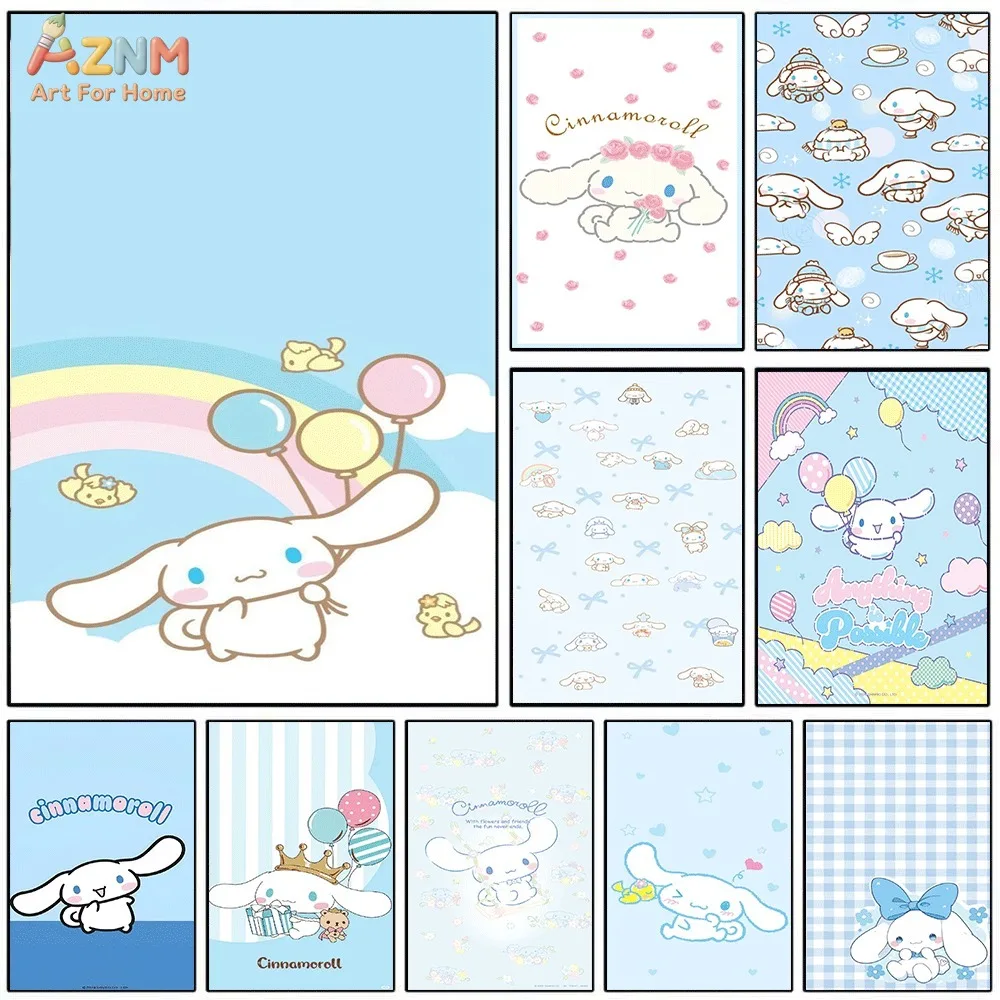 AZNM Light Sky Blue Kawaii Long Ear Cartoon Puppy Canvas Wall Art Unframed Poster Sweet Rainbow Balloon Print Girls Room