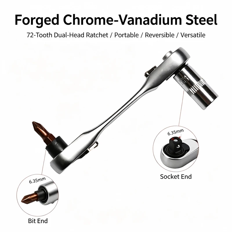 Portable 1/4 Inch Mini Ratchet Wrench Dual-Use Socket & Bit 72T Reversible Ratchet Spanner Forged CR-V Steel Hand Repair Tool