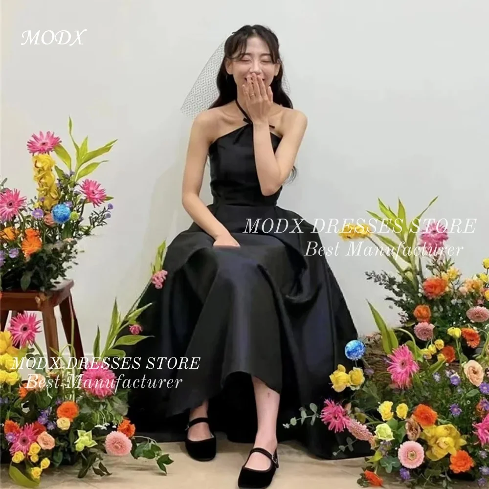 

MODX Simple Black Halter A-Line Korean Evening Dresses Customized Sleeveless Women Party Dress Formal Celebrity Gowns