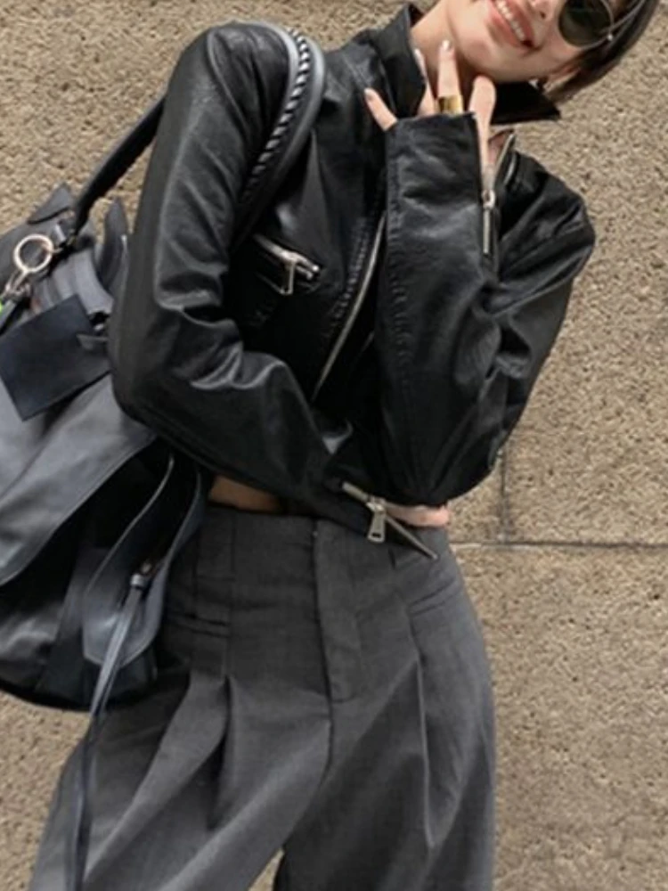 Punk Cropped Black Leather Jacket Women Outerwear Zipper Moto Biker Leather Jacket Casual High Street Irregular Leather Coat New