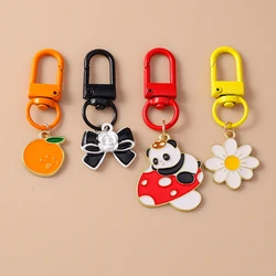Cute Enamel Flower Keychain Panda Key Ring Pendant for Car Key Holder Women Girls Handbag Decor DIY Handmade Jewelry Gift
