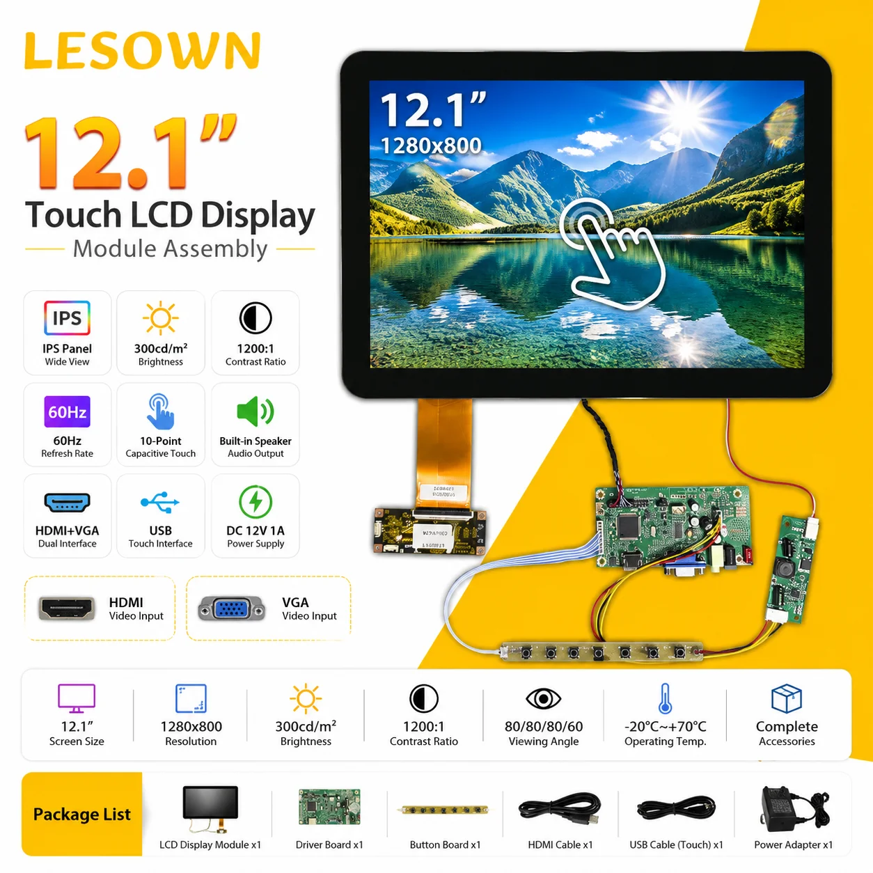 LESOWN 12.1 inch Display Module 1280x800 Screen with Driver Board Plug & Play 10-Point Touch