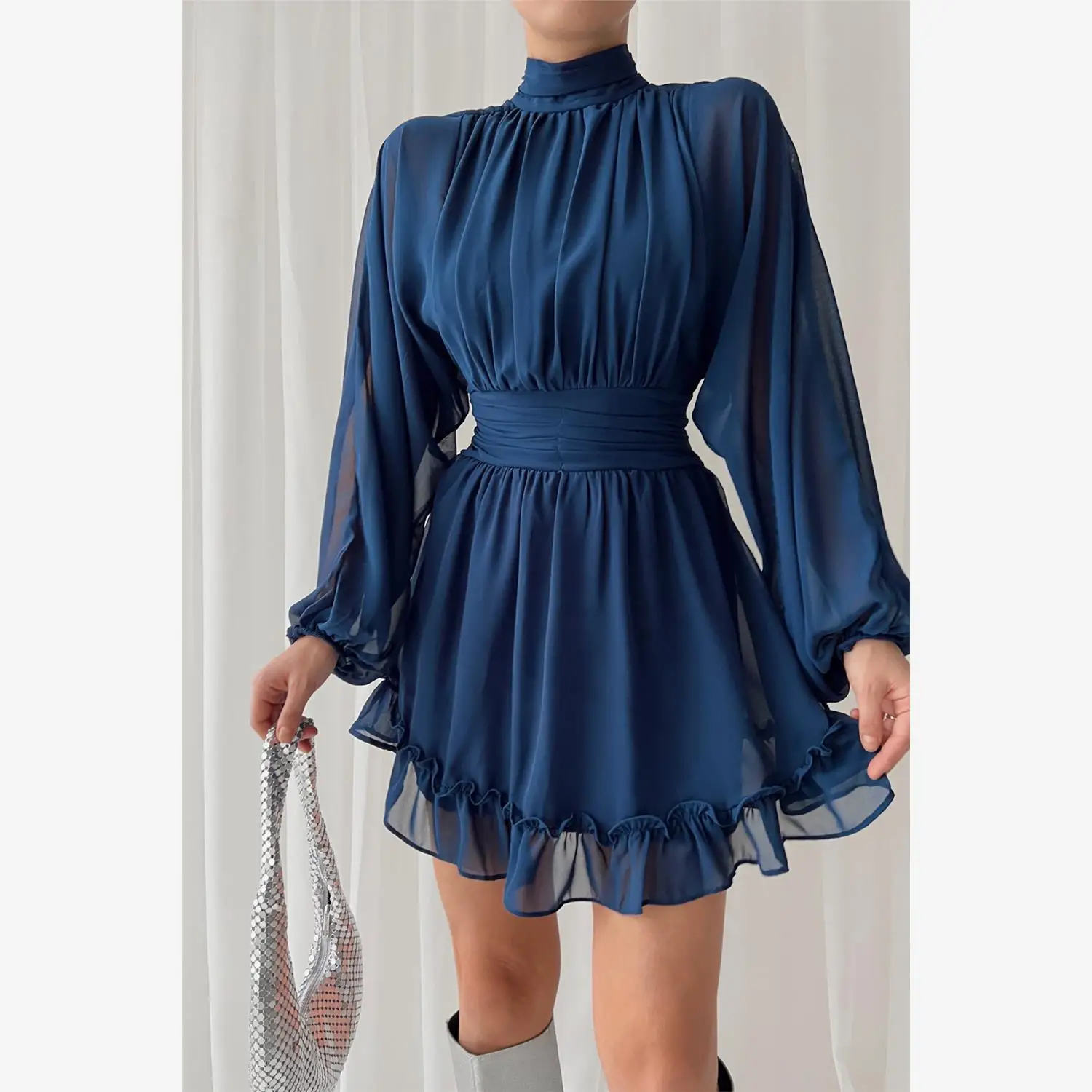 

Faionable round Ne Bal Evening Dr with Lace Sves And ort Skirt Hem Street Sle High Waist Cotton Chiffon