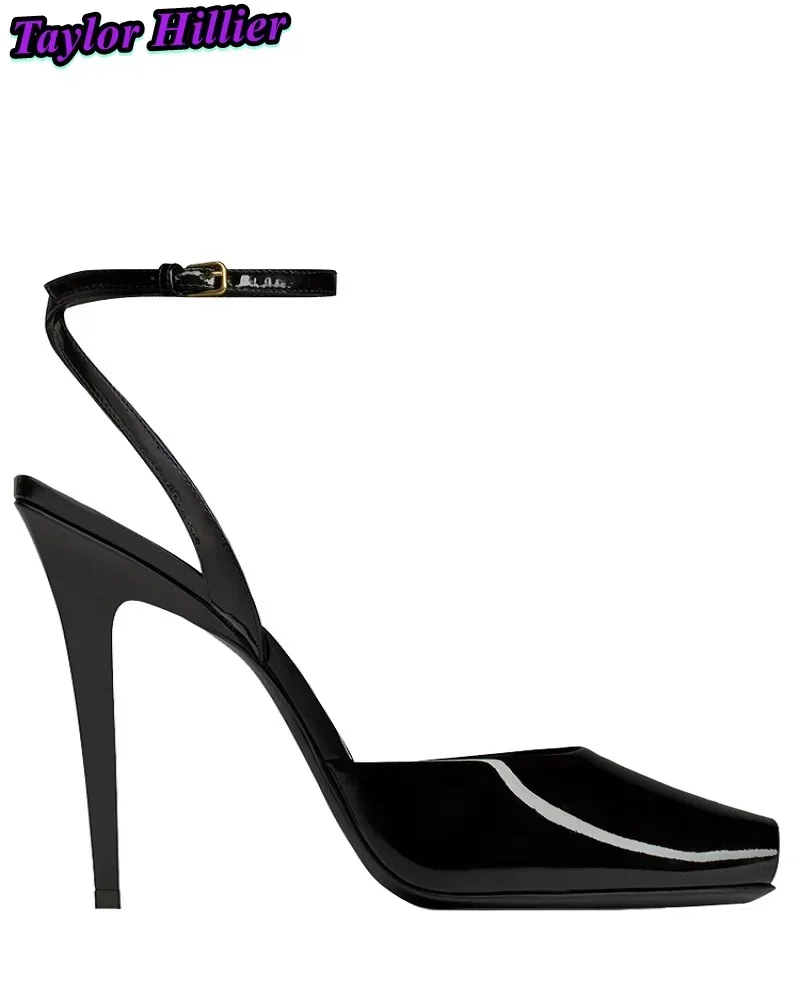 Сексуальные туфли-лодочки для женщин, сандалии на высоком каблуке с квадратным носком и пряжкой на щиколотке, винтажные красные туфли из лакированной кожи, платье, новое поступление