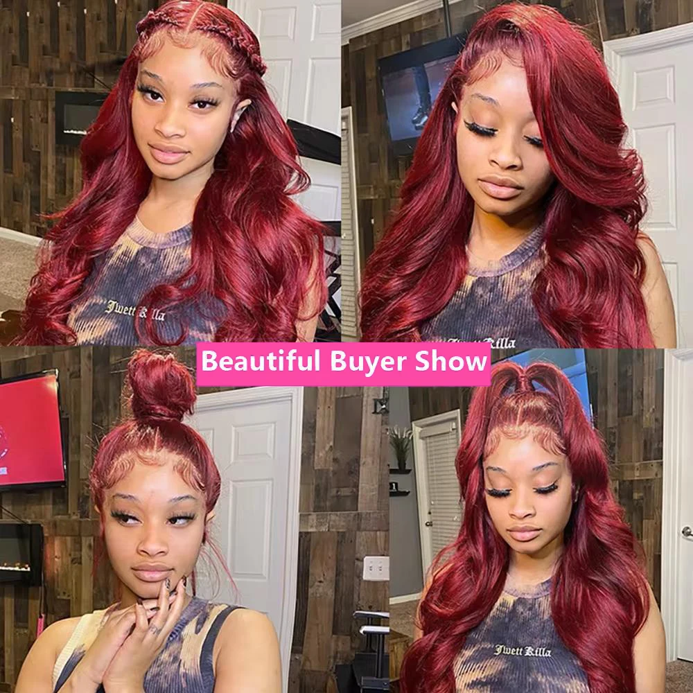 34 36 cali 99J Burgundy 13x4 Body Wave Lace Front Wig Human Hair HD Transparent Lace Frontal Wigs For Women 99J colored Hair