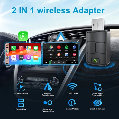 Imagen 2 del producto Adaptador Inalámbrico 2 en 1 para CarPlay y Android Auto 2026, Sistemas Inteligentes para Automóviles VW, Toyota, Honda, Ford, Benz
