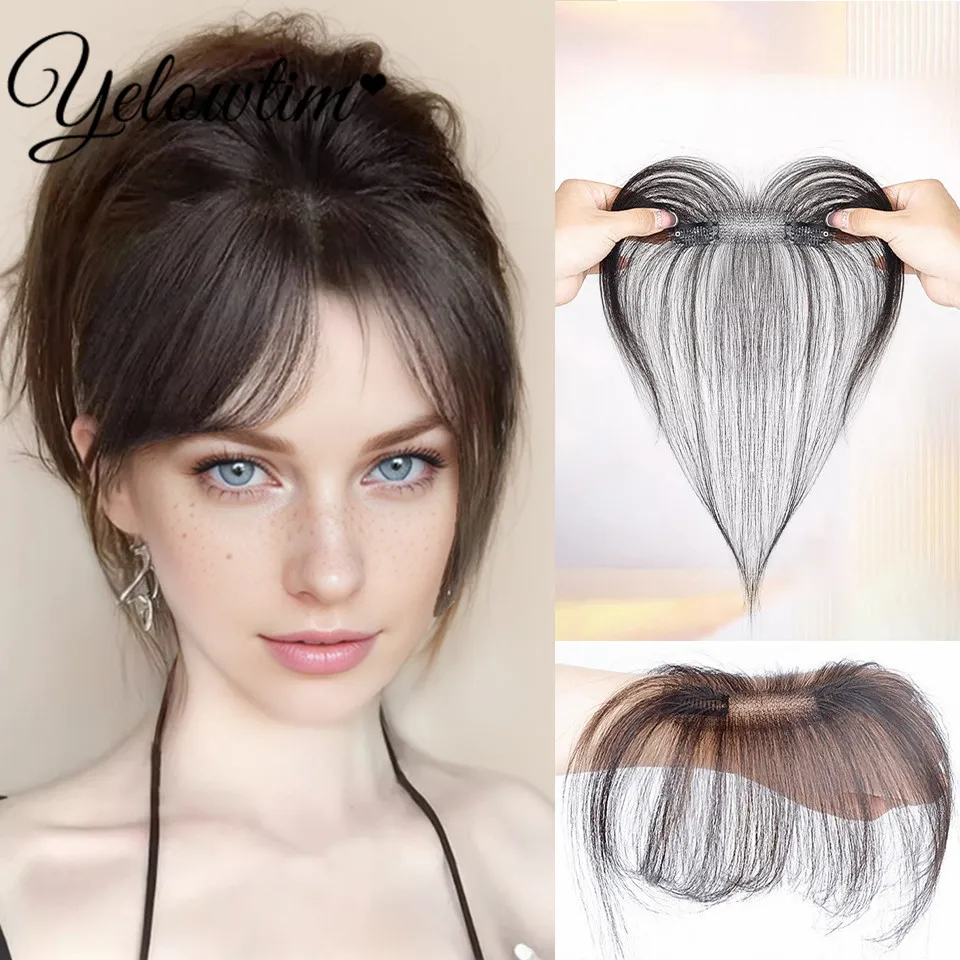 Synthetic Hair Bangs Clip in Hair Extensions Light Brown Wispy Fringe with Temples Hairpieces for Women Curved Bangs for Daily