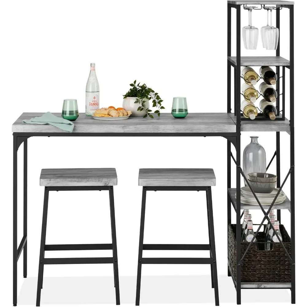 Counter Height Dining Set, Desk, Bar, Kitchen Island Table w/ 2 Stools, Wine Rack & Storage Shelves