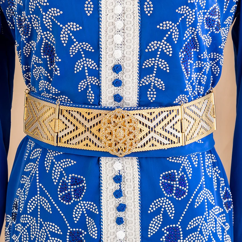 

Intricate Filigree Gold Waist Belt With Rhinestones, Luxurious Wedding Accessory For Ethnic Bridal Outfits & Festive Ceremonies