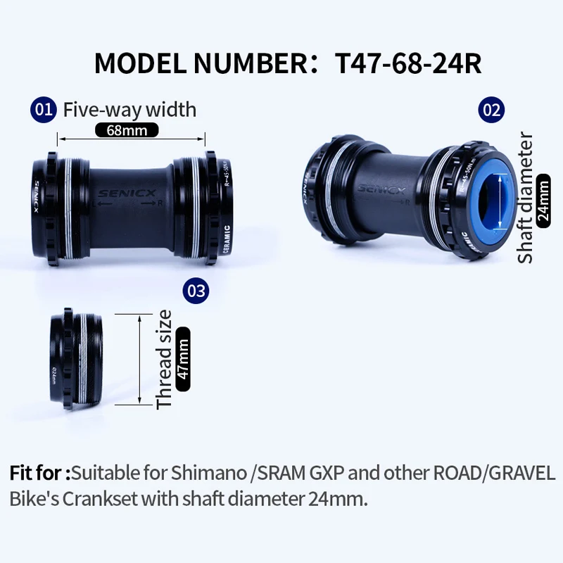 SENICX T47 68mm Ceramic Bottom Bracket Suitable for Shimano/SRAM GXP Road Bike Crank 24mm Shaft Gravel Bicycle Central Movement